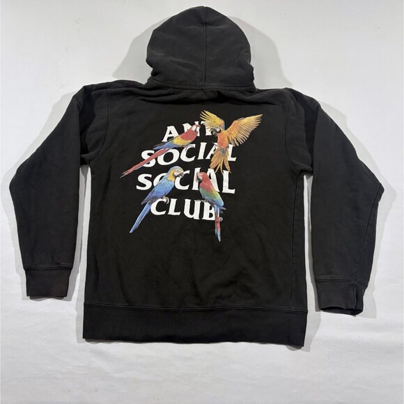 Anti Social Social Club Black Faded Parrot Print Pullover Hoodie Sweatshirt Sz S - Picture 8 of 11